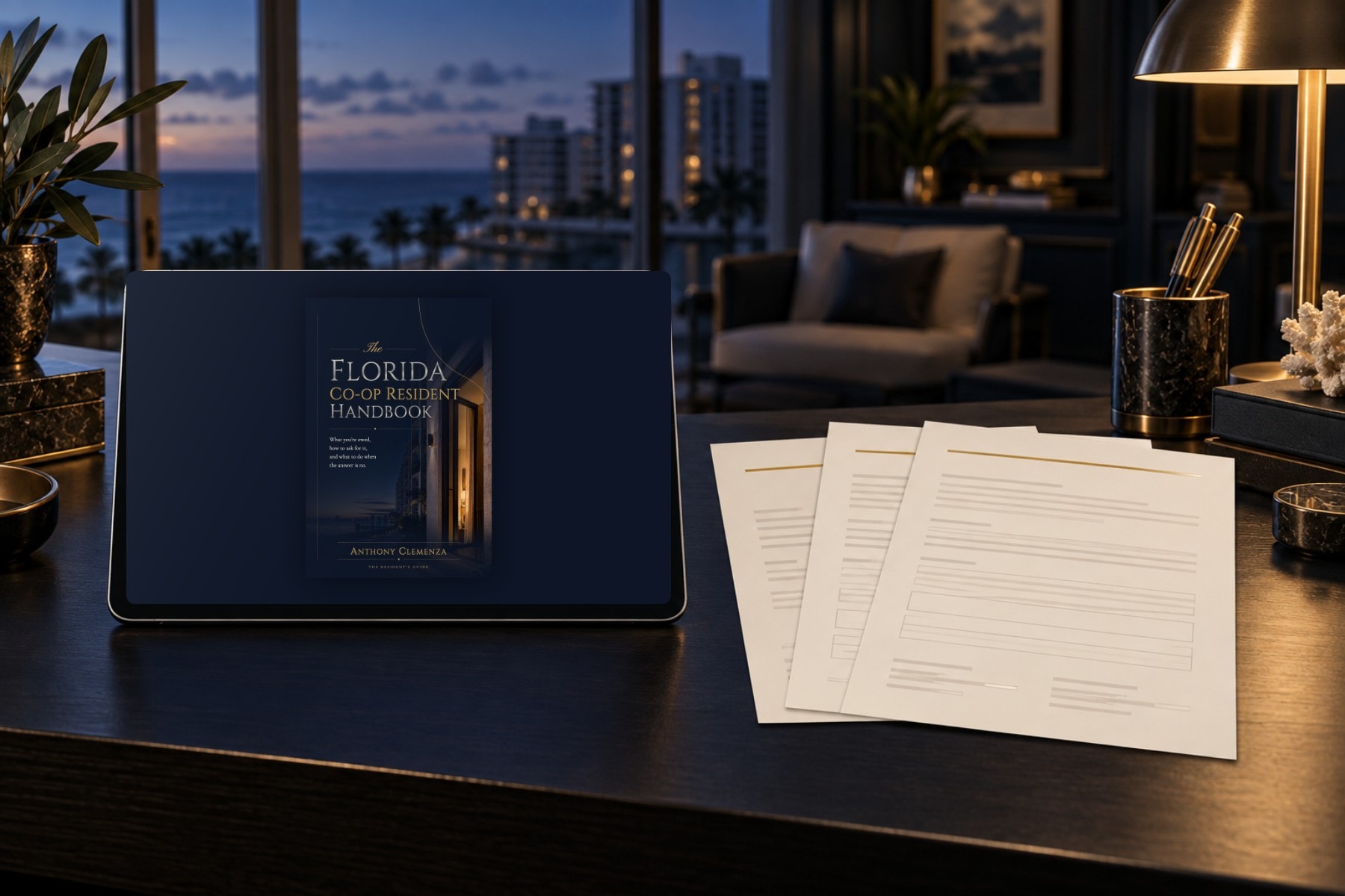 The Resident Digital Edition on a tablet beside a fan of abstract Resident Forms Pack sheets